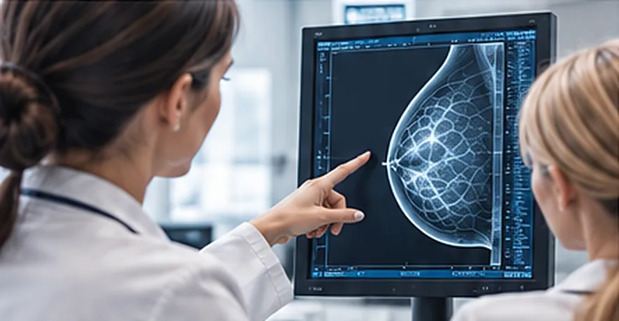 Lekarka wskazuje szczegóły obrazu mammograficznego na monitorze diagnostycznym